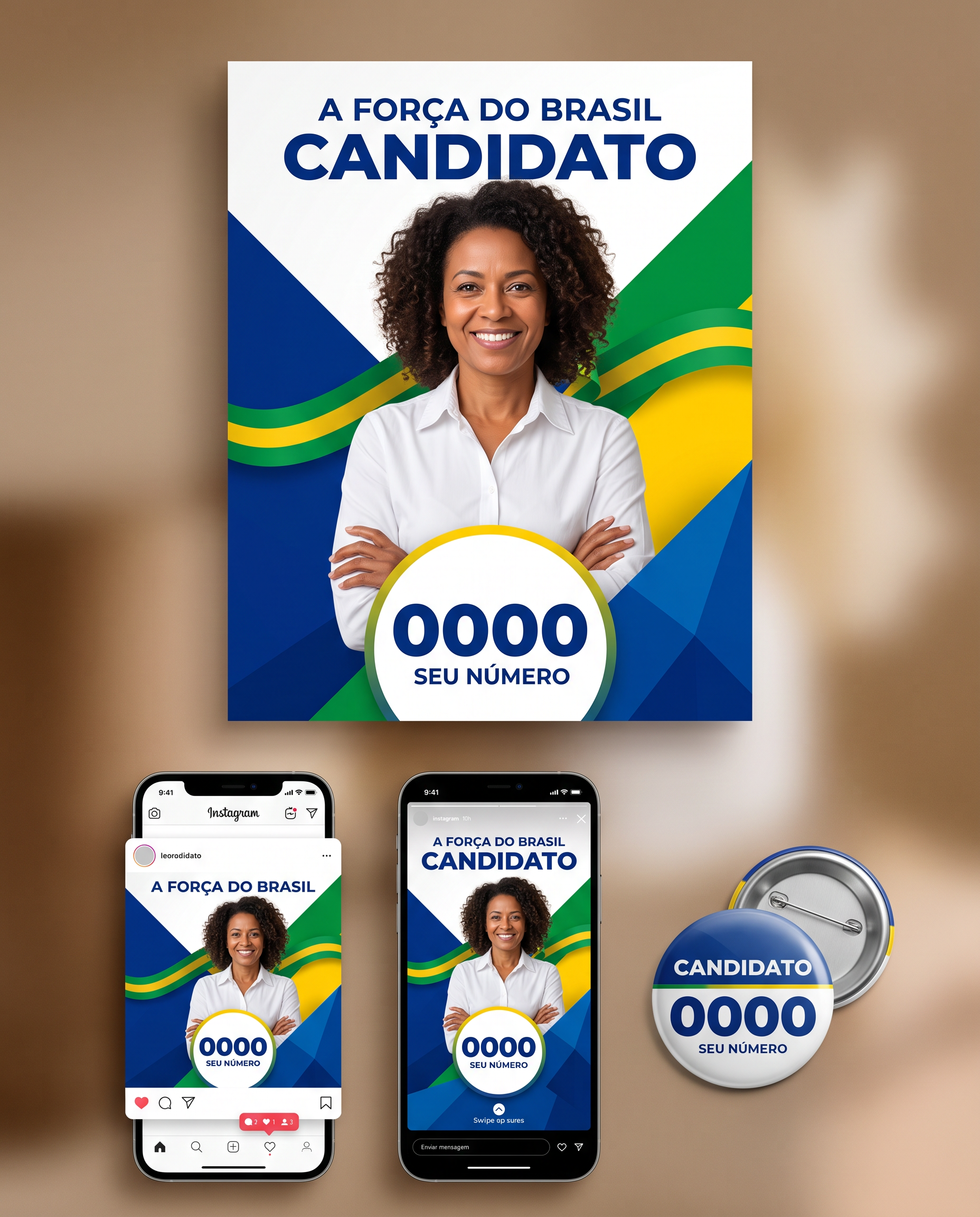 A foto do candidato aplicada na identidade visual da campanha — feed, story e botón